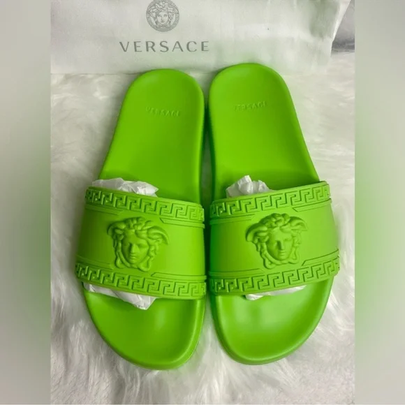 New Versace Women's Green Neon Medusa Head Embossed Slippers - Picture 2 of 11